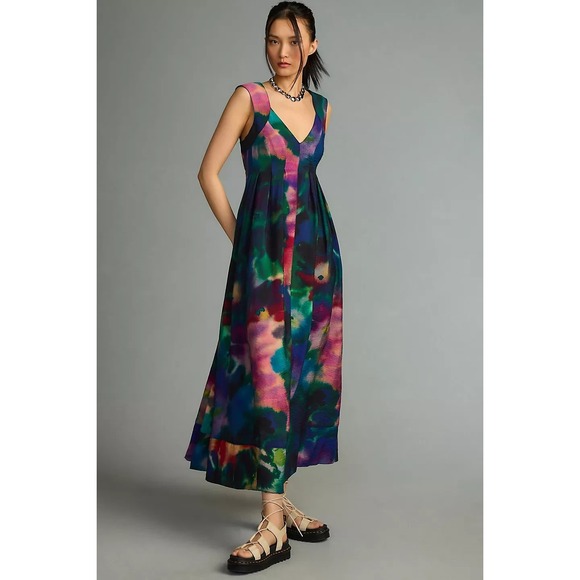 Anthropologie Dresses & Skirts - Anthropologie Printed V-Neck Pleated A-Line Watercolor Dress Size L